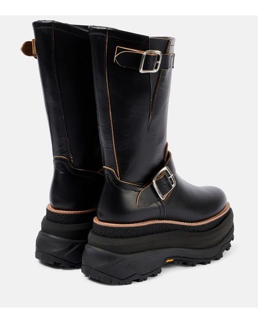 Sacai Black Leather Platform Biker Boots
