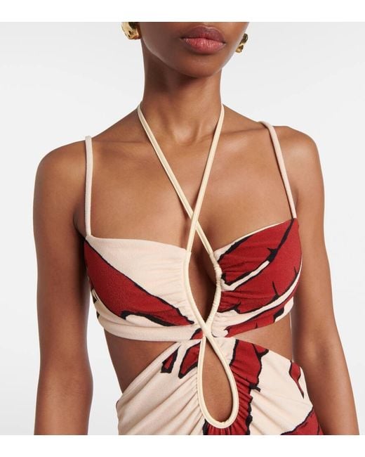 Johanna Ortiz Red Printed Cutout Midi Dress