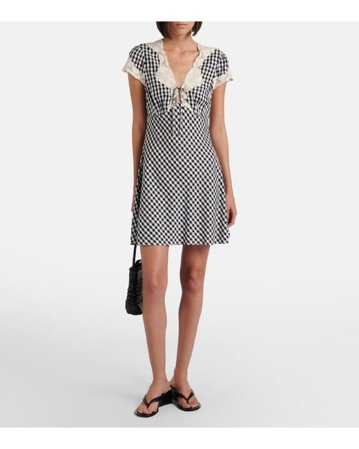 Rixo Black Lacie Lace-Trimmed Checked Crepe Minidress