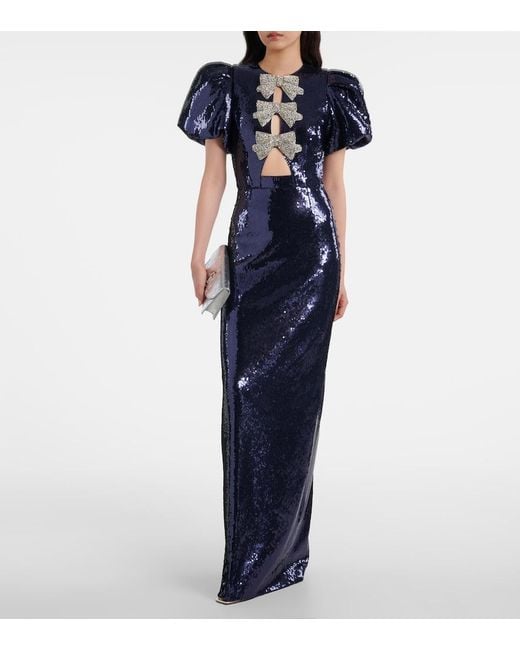 Rebecca Vallance Blue Cressida Puff-Sleve Sequined Gown