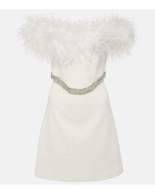 Rebecca Vallance White Bridal Blanche Feather-Trimmed Crepe Minidress