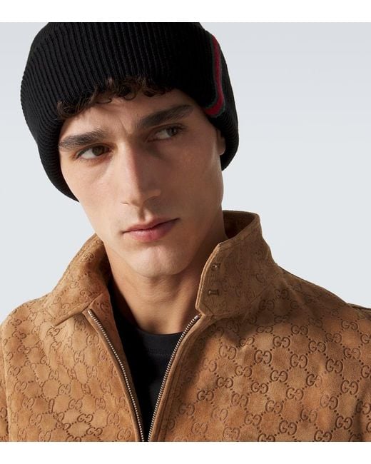 Gucci Black Web Stripe Wool Beanie for men