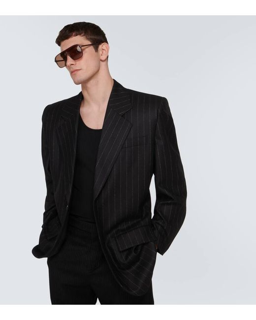 Saint Laurent Black Pinstripe Oversized Wool Blazer for men