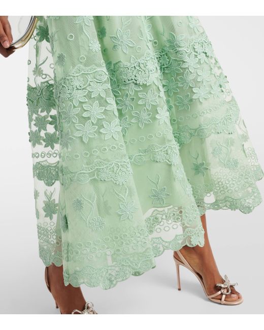 Elie Saab Green Floral-applique Silk-blend Midi Dress