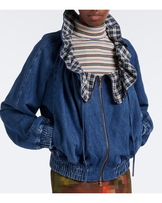 Dries Van Noten Blue Checked Ruffled Denim Jacket