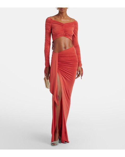 Balmain Red Ruched Jersey Crop Top