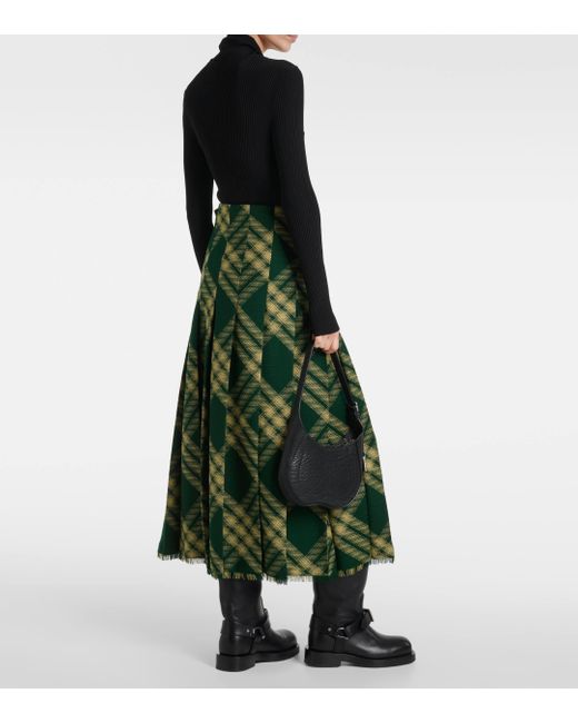 Burberry Green Checked High-rise Wool Midi Skirt