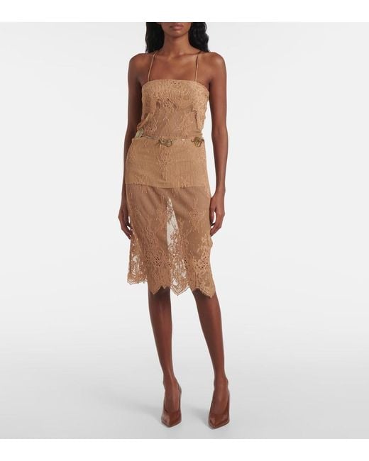 JACQUES WEI Brown Layered Leather-Trimmed Lace Midi Skirt