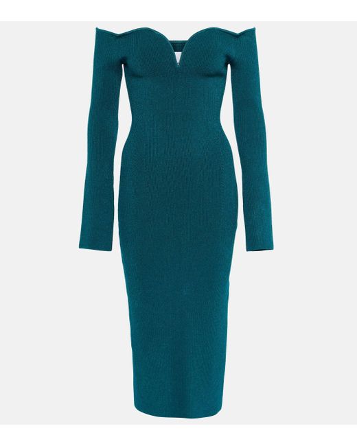 Galvan Blue Grace Off-the-shoulder Sweetheart-neck Knitted Midi Dress