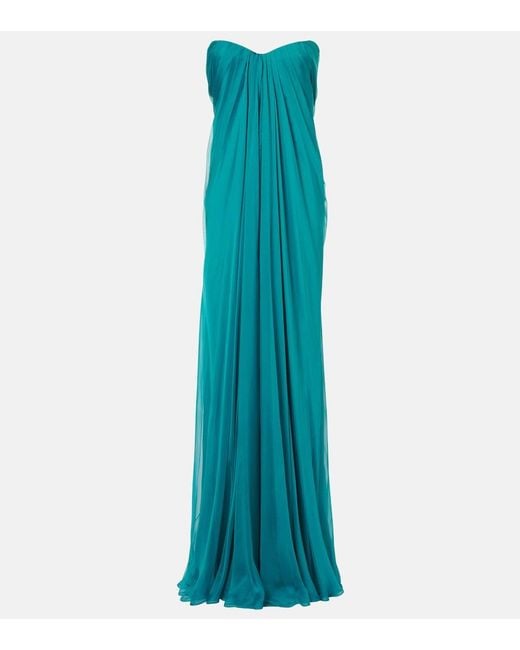McQueen Blue Draped Silk Chiffon Bustier Gown