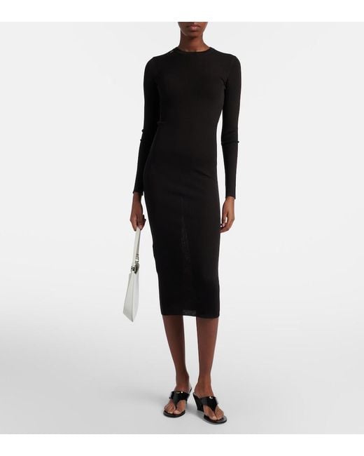 Prada Black Ribbed-Knit Virgin Wool Midi Dress