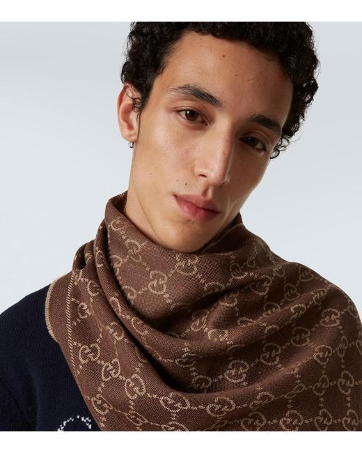 Gucci Brown Gg Wool Jacquard Scarf for men