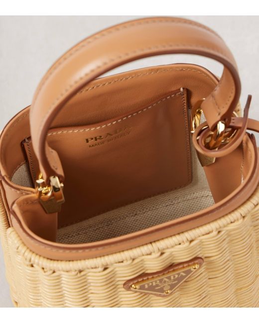 Prada Natural Panier Mini Woven Leather-trimmed Bucket Bag