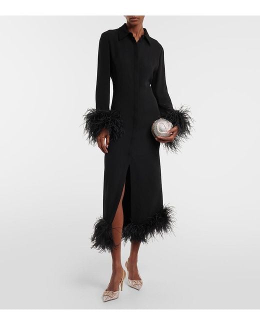 Valentino Black Feather-Trimmed Silk Midi Dress