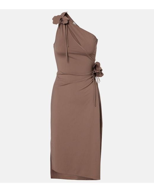 Coperni Brown Floral-Applique One-Shoulder Jersey Cocktail Dress