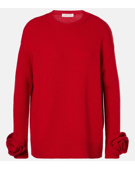 Valentino Red Floral-Applique Virgin Wool Sweater