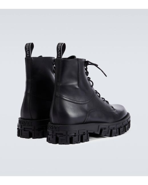 Versace Black Greca Portico Leather Ankle Boots for men