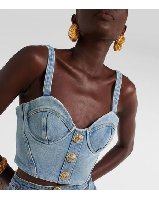 Balmain Blue Cropped-Bustier-Top Aus Denim