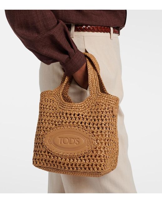 Tod's Brown Logo Leather-Trimmed Raffia Top-Handle Bag