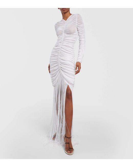Khaite White Guisa Fringed Shirred Silk-blend Gown