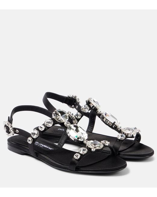 Dolce & Gabbana Black Sandals With Embroidered Stones Decorations