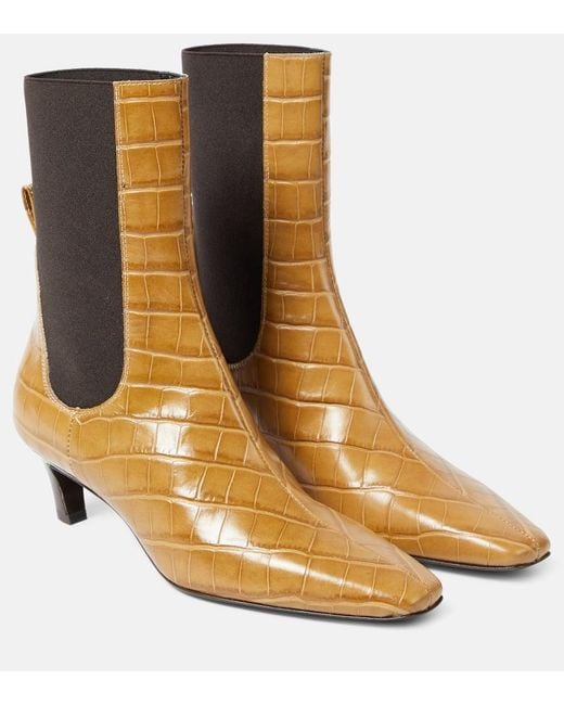 Totême  Brown The Mid Heel Croc-Effect Leather Ankle Boots