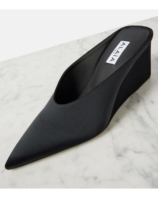 Alaïa Black Satin Point-Toe Wedge Mules