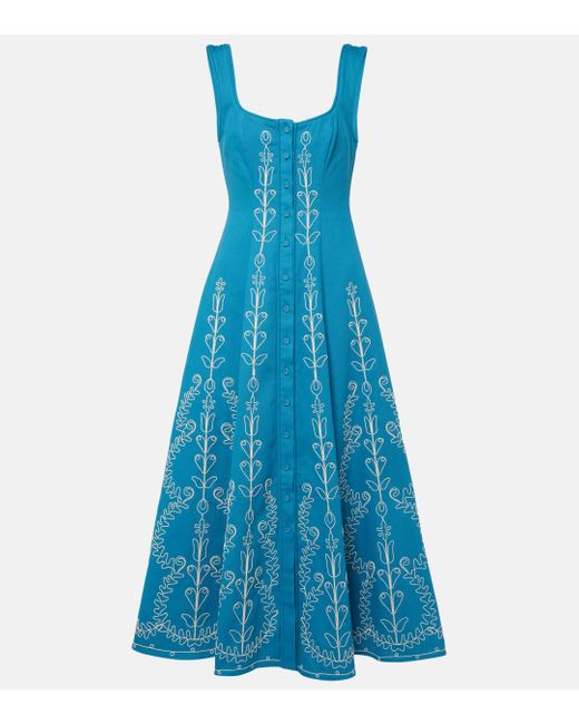 ALÉMAIS Blue Donovan Embroidered Cotton Midi Dress