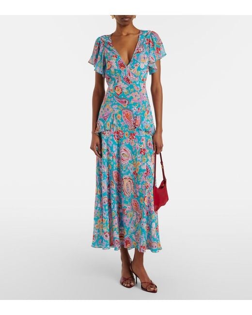 Rixo Blue Evie Silk Crepe De Chine Midi Dress