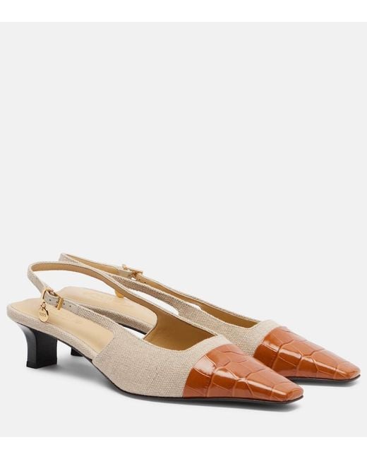 Tod's Natural Leather-Trimmed Canvas Slingback Pumps