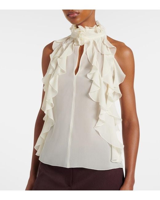 McQueen White Ruffled Cutout Silk Georgette Top