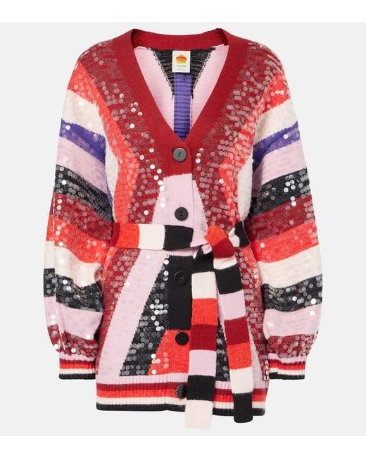 Cardigan A Righe Con Paillettes di Farm Rio in Red