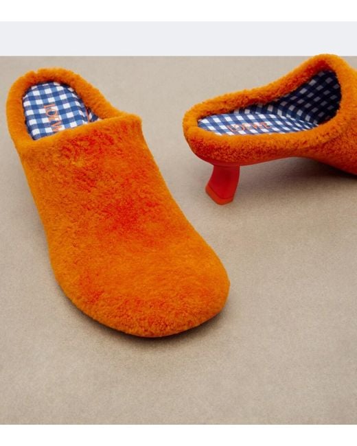 Loewe Orange Dive Shearling Mules