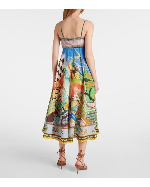 ALÉMAIS Blue Lucky Pace Printed Linen Midi Dress