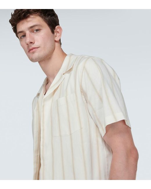 Commas White Striped Linen-Blend Bowling Shirt for men