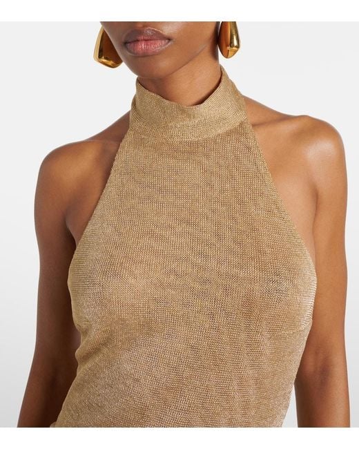 The New Arrivals Ilkyaz Ozel Natural Cass Ruched Halterneck Lame Gown