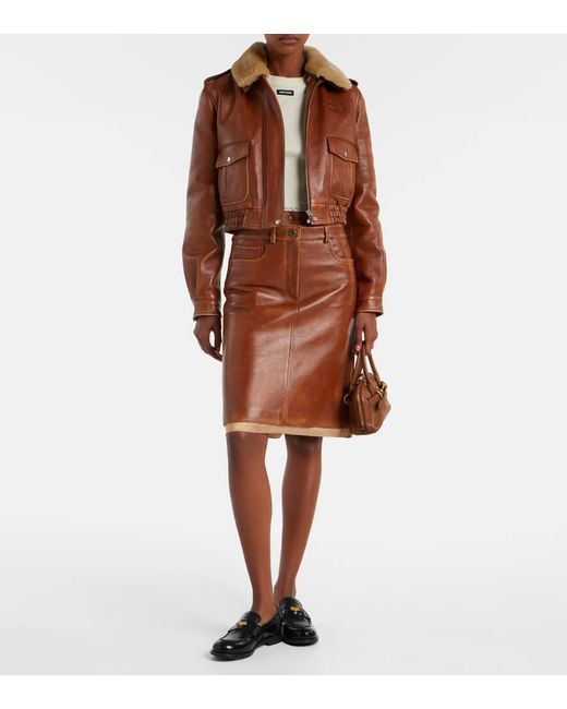 Falda Midi De Piel Miu Miu de color Brown