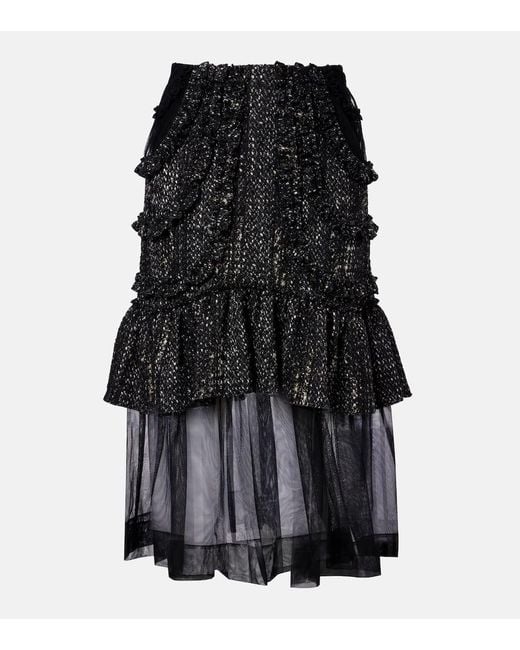 Simone Rocha Black Tulle-Trimmed High-Rise Tweed Midi Skirt