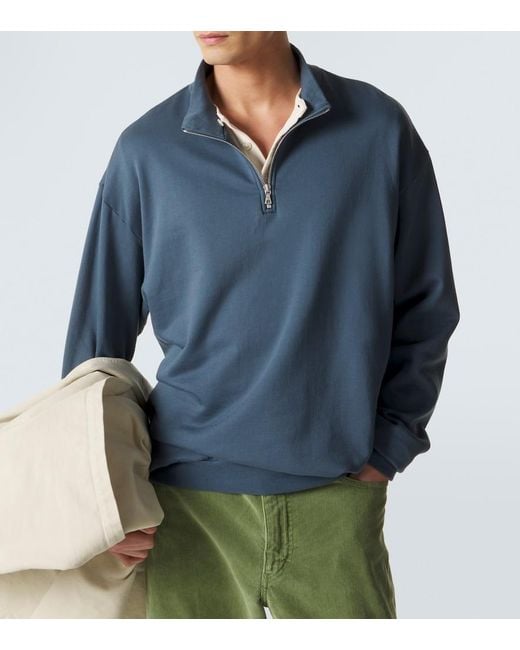 Auralee Blue Cotton Half-Zip Sweatshirt for men