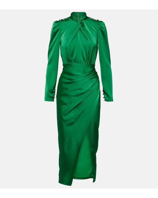 Self-Portrait Green Draped Satin Midi Dress