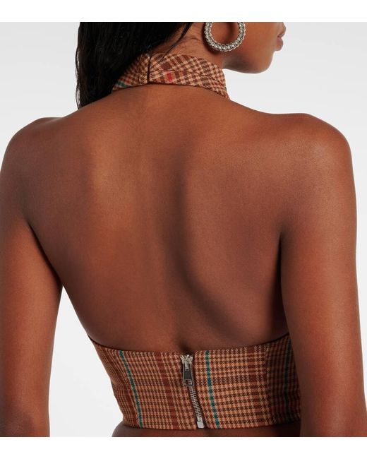 Area Brown Checked Halterneck Wool-Blend Top