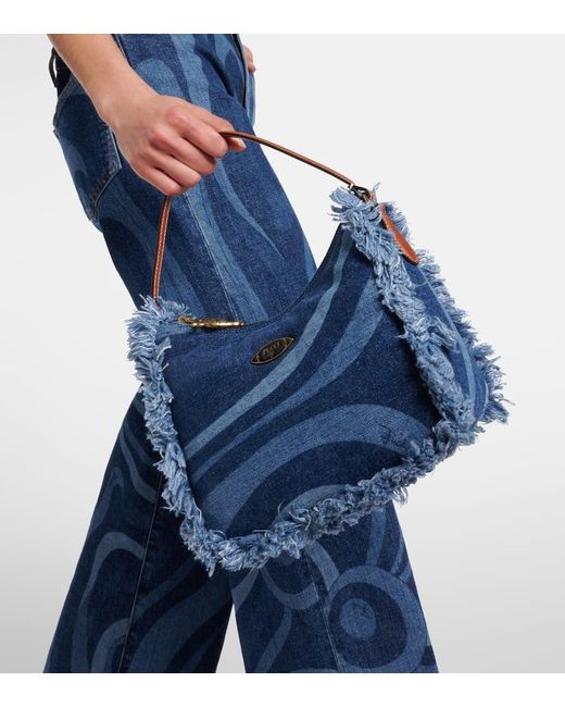 Emilio Pucci Blue Marmo Fringed Denim Shoulder Bag