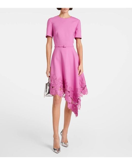 Oscar de la Renta Pink Floral Lace-Trimmed Midi Dress