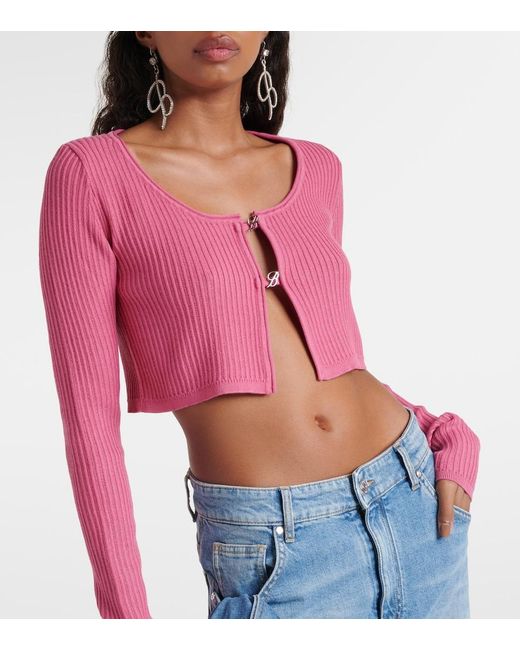 Blumarine Pink Logo Ribbed-Knit Cropped Cardigan
