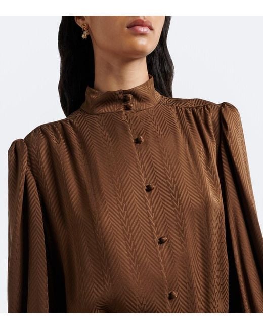 Valentino Brown Belted Chevron Jacquard Silk Midi Dress