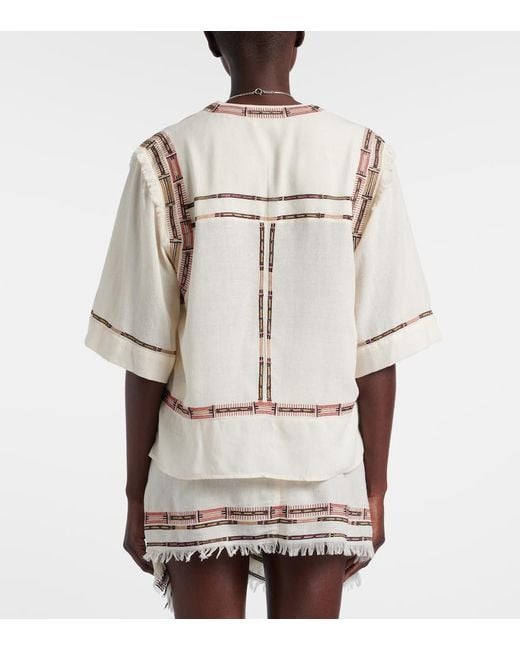 Isabel Marant Natural Fiosa Embroidered Fringed Silk Top