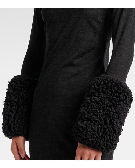 Alaïa Black Faux Shearling-Trimmed Wool Dress