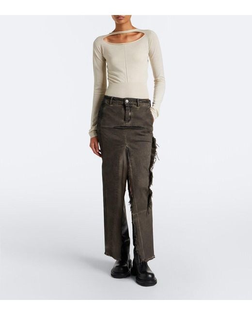 Rick Owens White Slashed Cut-Out Cropped Virgin Wool Sweater