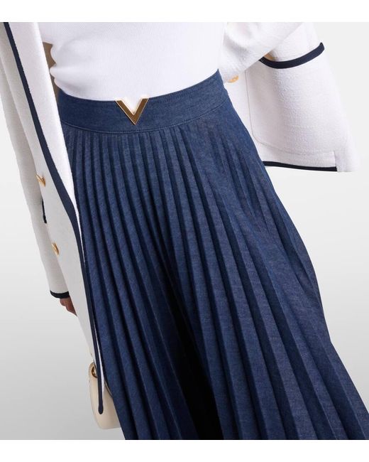 Valentino Blue Vgold Pleated Chambray Midi Skirt