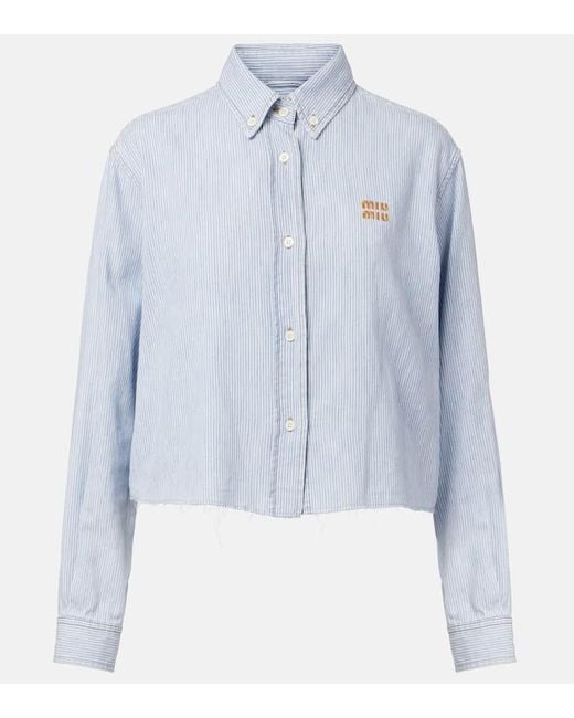 Camisa De Algodon A Rayas Con Logo Miu Miu de color Blue